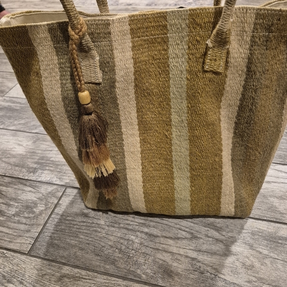 Lucky Brand Boho Striped Woven Jute Tote Bag Tassel Earth Tones Large - Picture 2 of 8